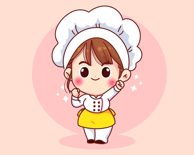 Linda chica chef sonriendo en uniforme ilustración de arte de dibujos animados de mascotas