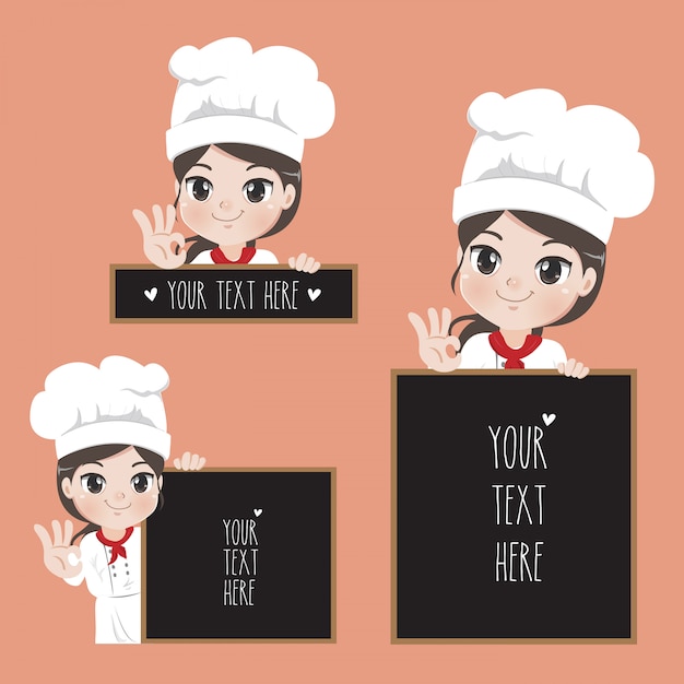 Vector la linda chica chef y texto de señalización para restaurantes