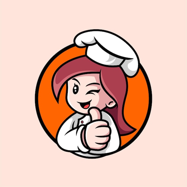 Linda chica chef en vector premium de dibujos animados de logotipo uniforme