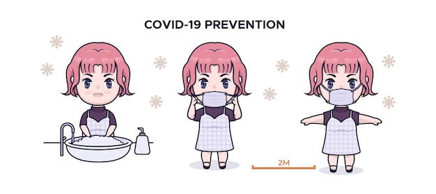 Linda chica chibi covid 19 prevención infografía ilustración