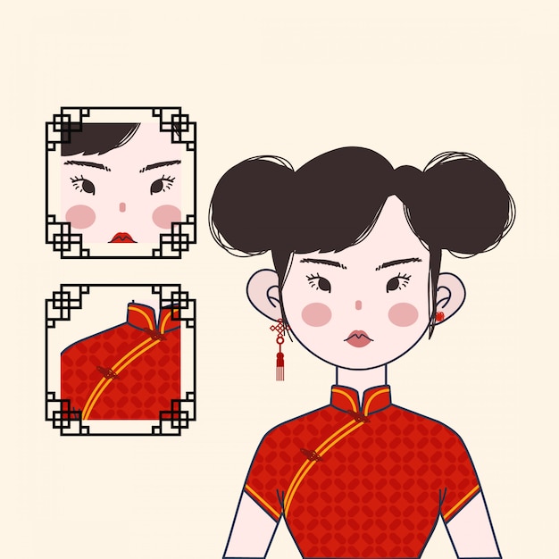 Vector linda chica china con traje tradicional rojo
