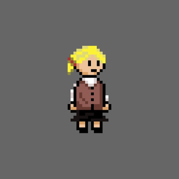 linda chica con cola de caballo cabello rubio usa uniforme escolar en vector de estilo pixel art