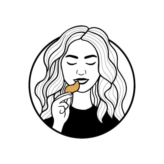 Linda chica comiendo comida logo banner dibujado a mano línea ilustración