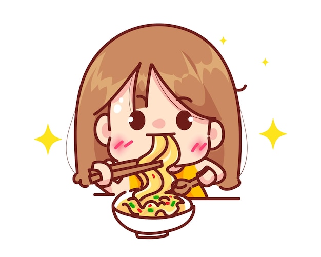 Linda chica comiendo fideos o ramen restaurante logo concepto dibujos animados personaje mano dibujar arte ilustración