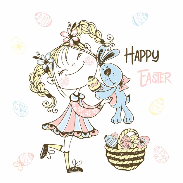 Linda chica con un conejito y una canasta de huevos de Pascua. Felices Pascuas.