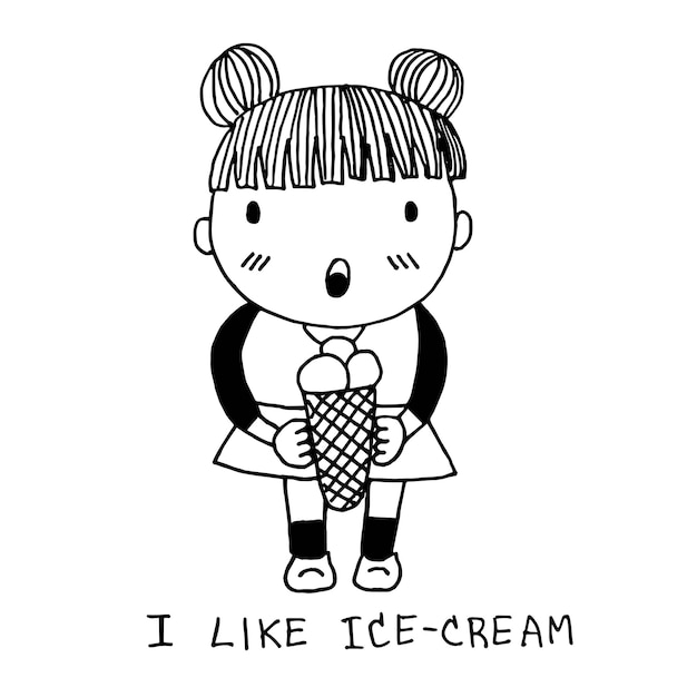 Linda chica con cono de helado doodle artoon dibujo a mano