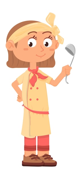 Linda chica con cucharón. Personaje de dibujos animados de chef de cocina aislado sobre fondo blanco
