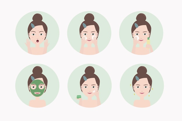 Linda chica de dibujos animados cuidando su piel propensa al acné Conjunto de iconos de vector de rutina de cuidado de la piel