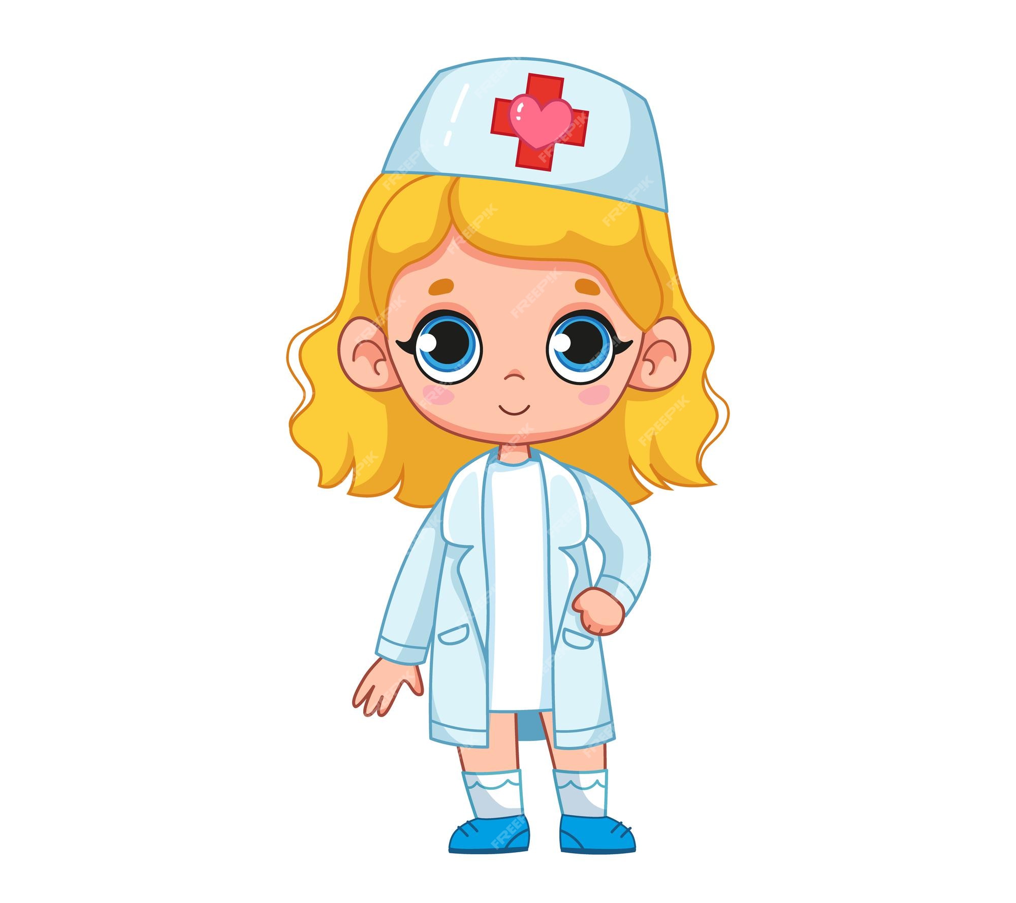 Linda chica de dibujos animados con un disfraz blanco de médico o enfermera  el concepto de elegir una profesión | Vector Premium