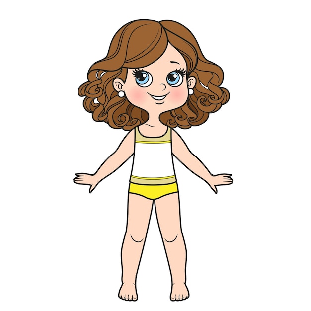 Linda chica de dibujos animados con exuberante cabello rizado vestido con ropa interior y variación de color descalza sobre un fondo blanco