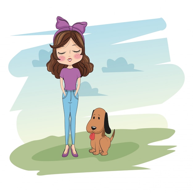 Vector linda chica con dibujos animados de perro