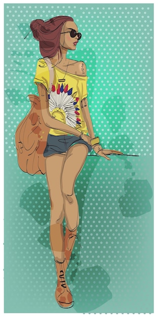 Linda chica de dibujos animados con smartphone y gafas
