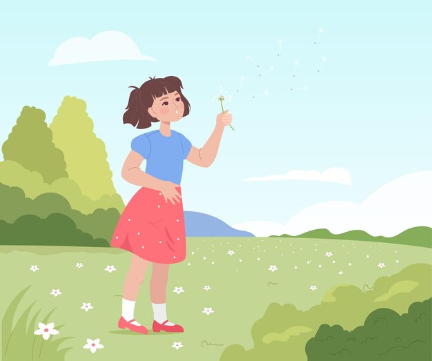 Linda chica de dibujos animados soplando diente de león en el campo