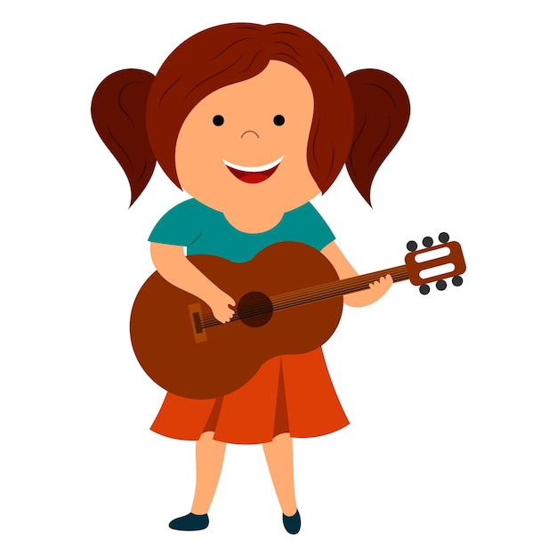 Linda chica de dibujos animados tocando la guitarra vector aislado sobre fondo blanco