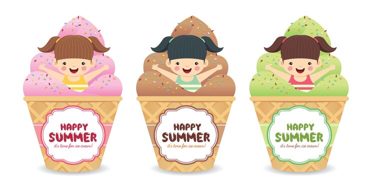 Linda chica de dibujos animados de verano con cono de helado en diferentes sabores con chispitas de jimmies.
