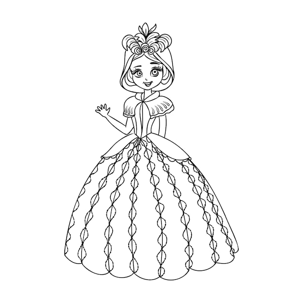Linda chica de dibujos animados vestida con vestido de bola y contorno de tiara para colorear sobre un fondo blanco