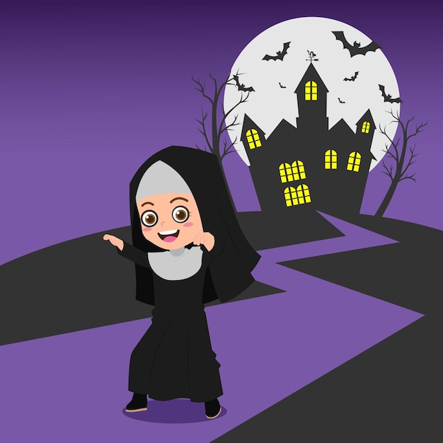 Linda chica con disfraz de monja de Halloween, fondo en capas separadas para editar fácilmente