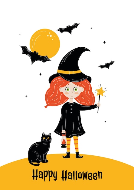 Linda chica disfrazada de bruja de halloween con gato negro, luna y murciélagos. ilustración vectorial