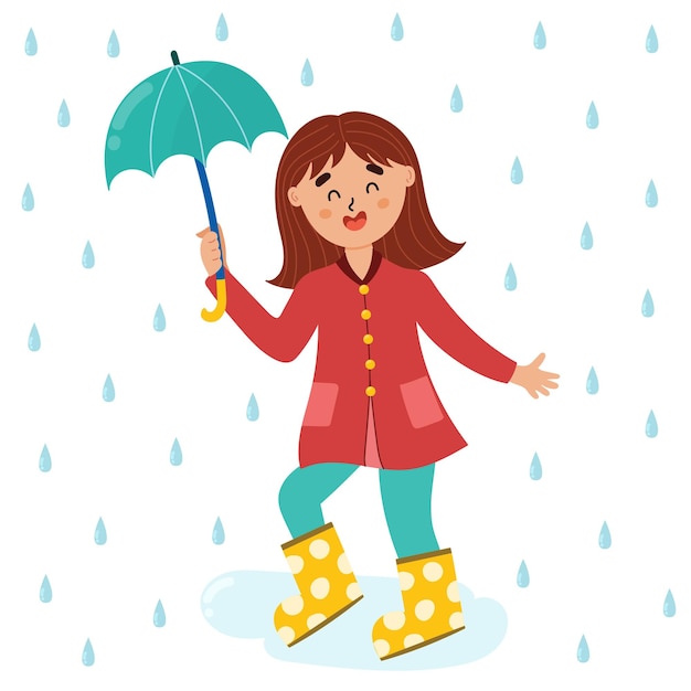Vector linda chica disfrutando de la lluvia con botas de goma