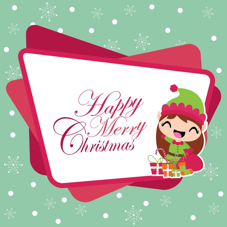 Vector linda chica duende con bolsa de regalo de navidad en el fondo de los copos de nieve