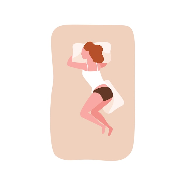 Linda chica durmiendo de lado en una cama cómoda y abrazando la almohada. personaje femenino tomando la siesta o dormitando. mujer joven en un acogedor colchón durante el sueño nocturno. vista superior. ilustración de vector de dibujos animados plana.