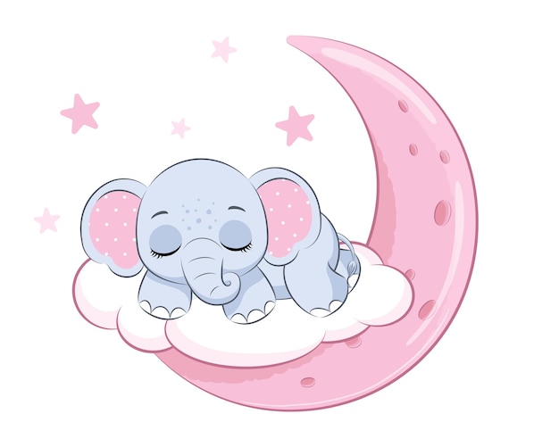 Linda chica elefante durmiendo en la luna Ilustración vectorial de una caricatura