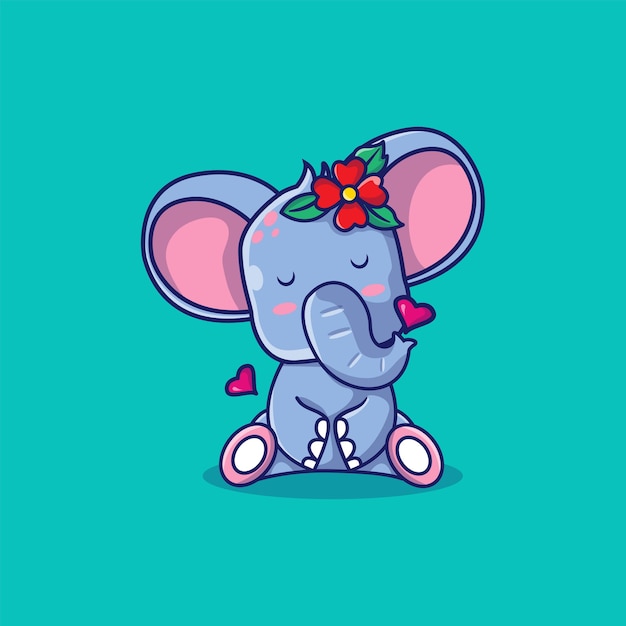 Linda chica elefante con ilustración de dibujos animados de flores