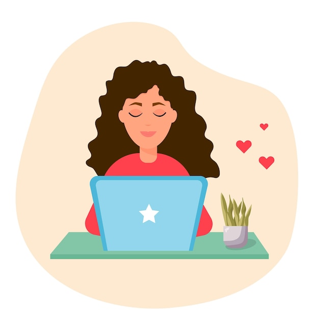 Linda chica enamorada envía mensaje romántico Mujer con laptop buscando pareja romántica en línea