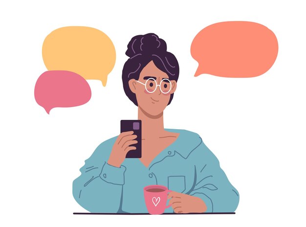 Linda chica envía algunos mensajes con ilustración de diseño de personaje de dibujos animados de teléfono móvil
