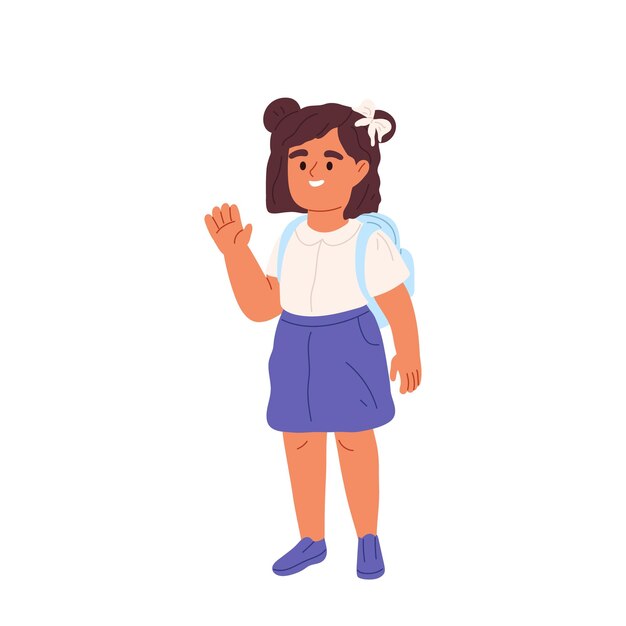 Linda chica va a la escuela por la mañana saludando con la mano a los padres Colegiala feliz con mochila
