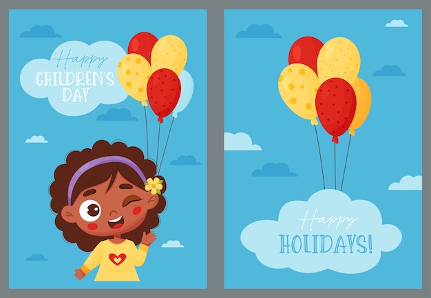 Linda chica étnica negra guiñando un ojo con globos en estilo de dibujos animados Tarjetas navideñas Feliz Día del Niño