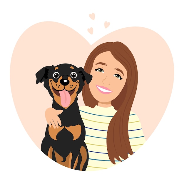 Vector linda chica feliz con perro divertido. el concepto de amor y cuidado de las mascotas. ilustración, vector