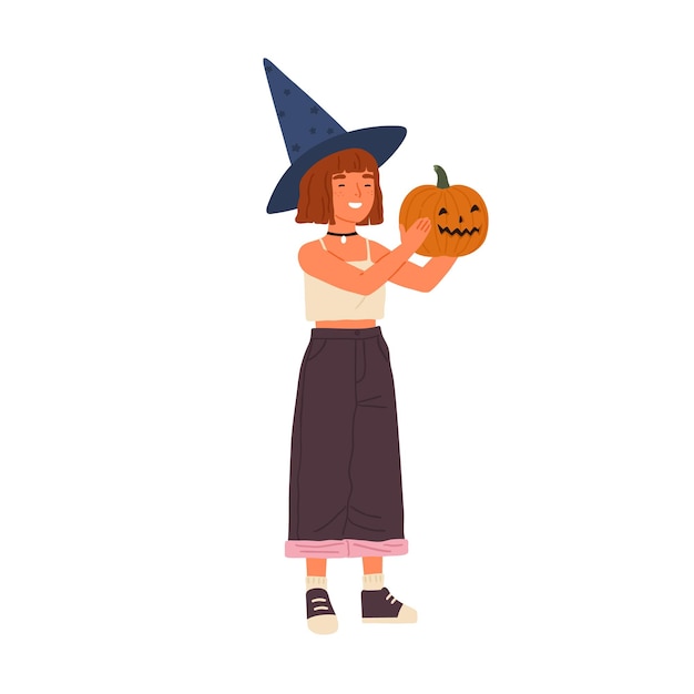 Linda chica feliz con sombrero de bruja mantenga calabaza de Halloween. Divertido retrato de asistente alegre mostrando jack o lantern. Ilustración infantil de dibujos animados vector plano aislado sobre fondo blanco.