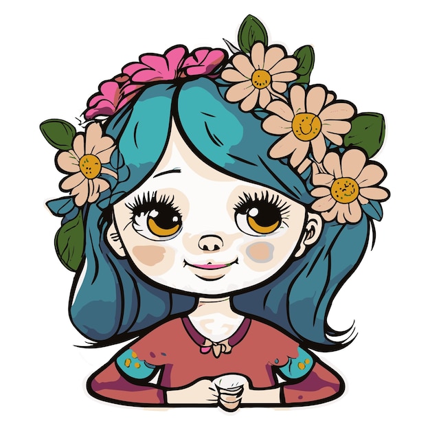 Vector una linda chica con flores logo creativo estilo comic 15