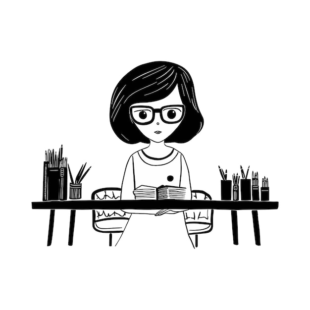 Vector una linda chica con gafas de sol y leyendo libros sobre una línea de mesa o una ilustración de silueta