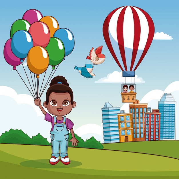 Vector linda chica con globos y niños volando en globo de aire caliente