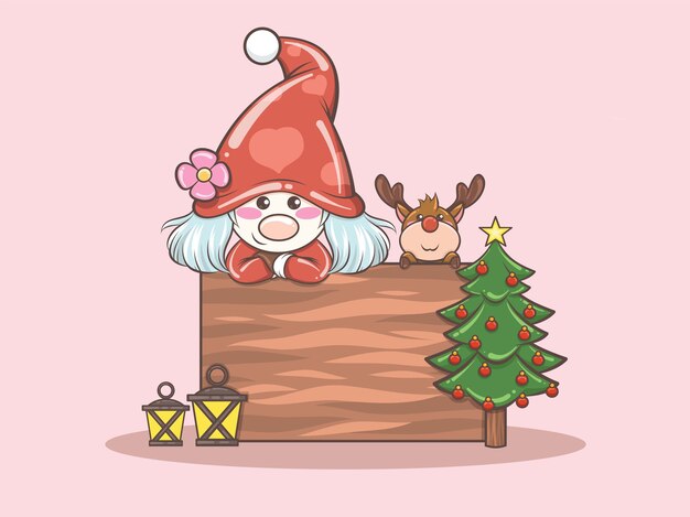 linda chica gnomo y lindo personaje de dibujos animados de ciervos en la ilustración de Navidad