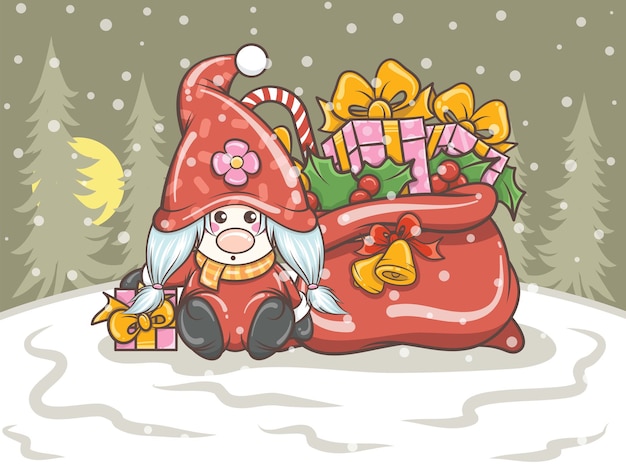 linda chica gnomo sosteniendo una caja de regalo en la ilustración de Navidad