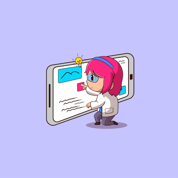 linda chica con una gran pantalla táctil lista para aprender el personaje de dibujos animados