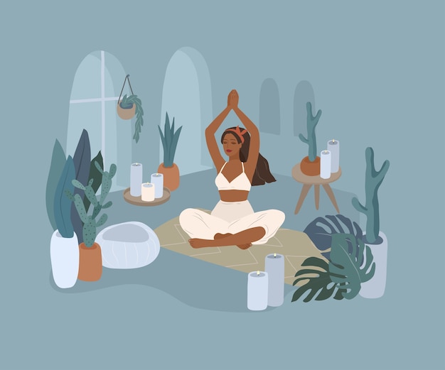 Vector linda chica haciendo posturas de yoga. estilo de vida por mujer joven en el interior de una casa con plantas caseras. ilustración de dibujos animados