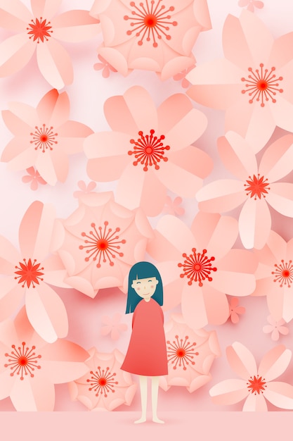 Linda chica con un hermoso arte floral en papel y una combinación de colores pastel vector illustation