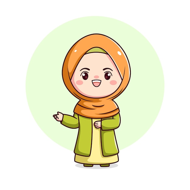 Linda chica hijab saludo kawaii chibi personaje plano