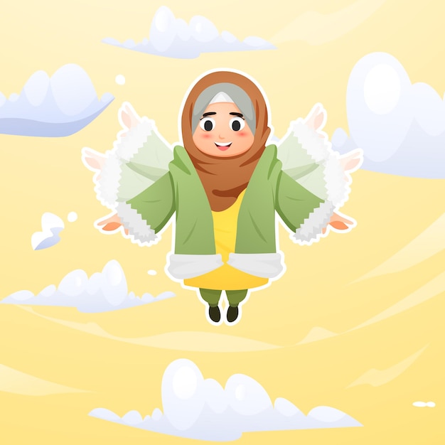 Linda chica hijab volando en el cielo