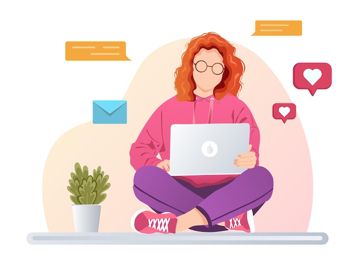 Vector linda chica independiente revisando el correo en una computadora portátil o una mujer adicta a las redes sociales