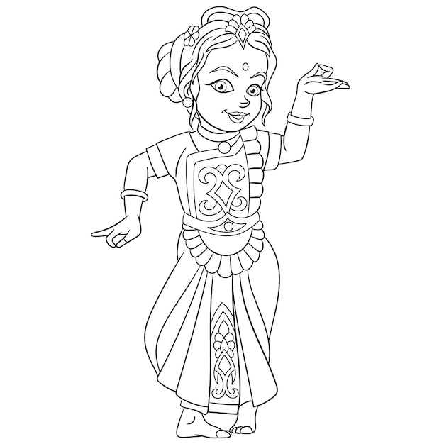 Linda chica india feliz bailando, bailarina hindú. Página del libro de colorear de dibujos animados para niños.
