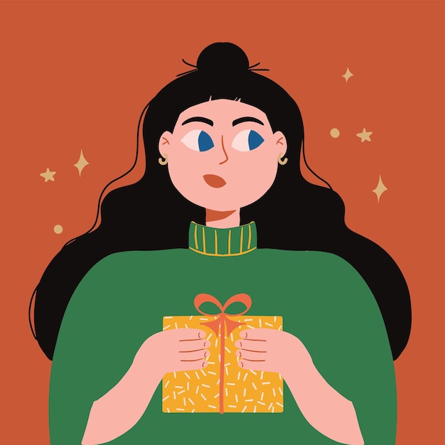 Linda chica joven con caja de regalo de Navidad Evento festivo