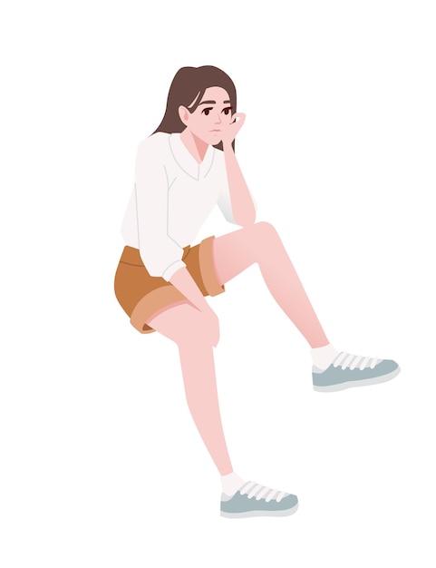 Linda chica joven en pose sentada con ropa casual personaje de dibujos animados moda modelo femenino diseño plano vector ilustración aislada sobre fondo blanco