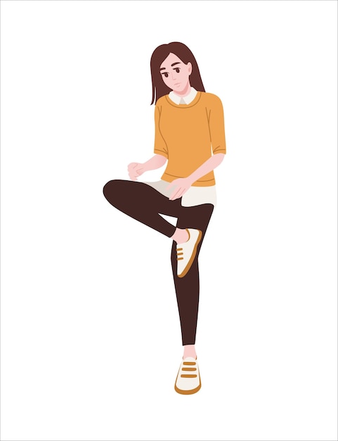 Linda chica joven en ropa casual de moda jeans marrones y blusa amarilla diseño de personajes de dibujos animados ilustración vectorial plana aislada en fondo blanco