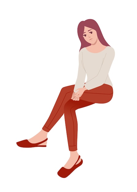 Linda chica joven en ropa casual de moda, pantalones rojos y suéter beige, diseño de personajes de dibujos animados, ilustración vectorial plana aislada en fondo blanco