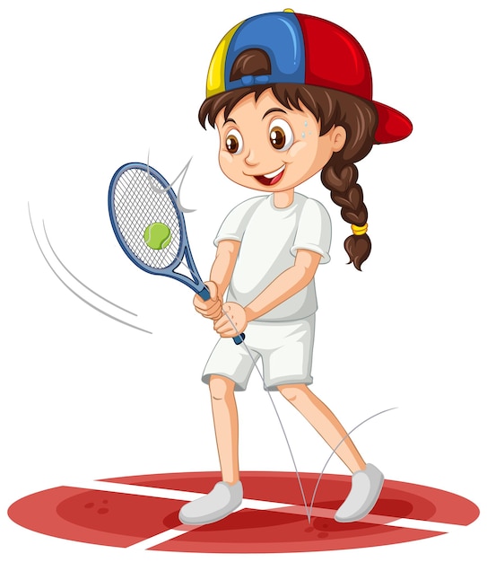 Linda chica jugando al tenis personaje de dibujos animados aislado